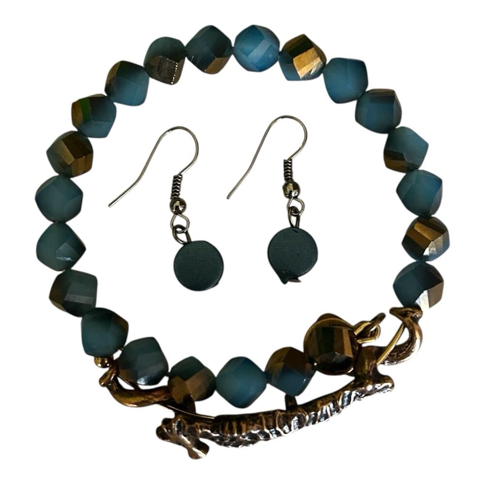 Vtg Alex And Ani Deep Sea Blue Bead Crystal Wrap Bracelet Seahorse & Earrings